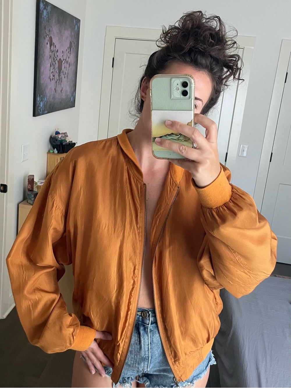 Women's Burnt Orange Bomber Jacket 100% Silk, Medium